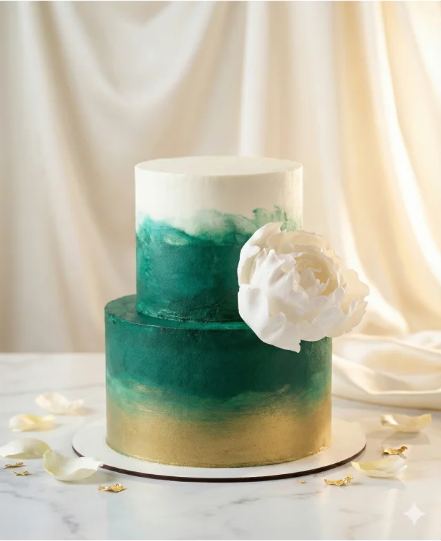 Двоярусний торт з акварельним розписом у смарагдово-золотих відтінках, прикрашений великою білою квіткою ручної роботи. Вага торта від 3.5 кг.