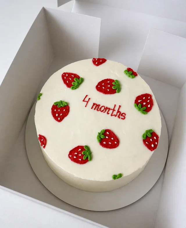 Білий торт з полуничками і написом «4 months» у коробці