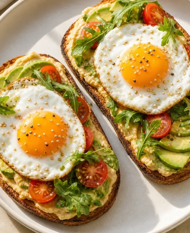 Tostadas con hummus, aguacate y huevo